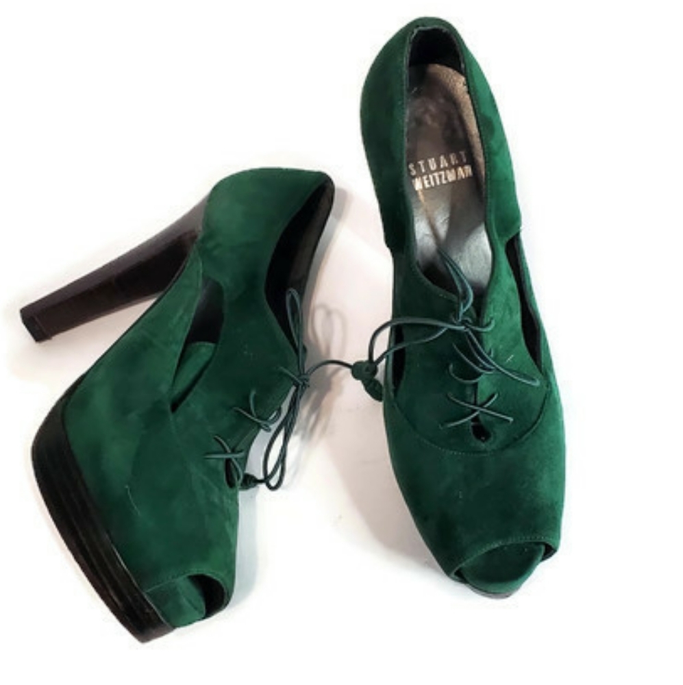 Stuart Weitzman Hunter Green Suede Peep Toe Shoes size 5.5